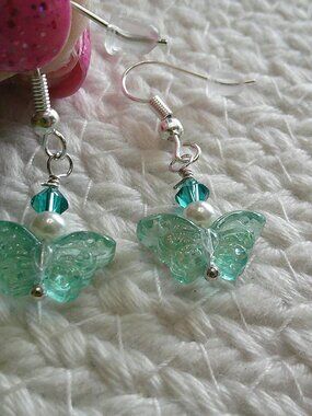 Whimsical TEAL BUTTERFLY with PEARLS & CRYSTALS Handmade Silver Earrings #887E
